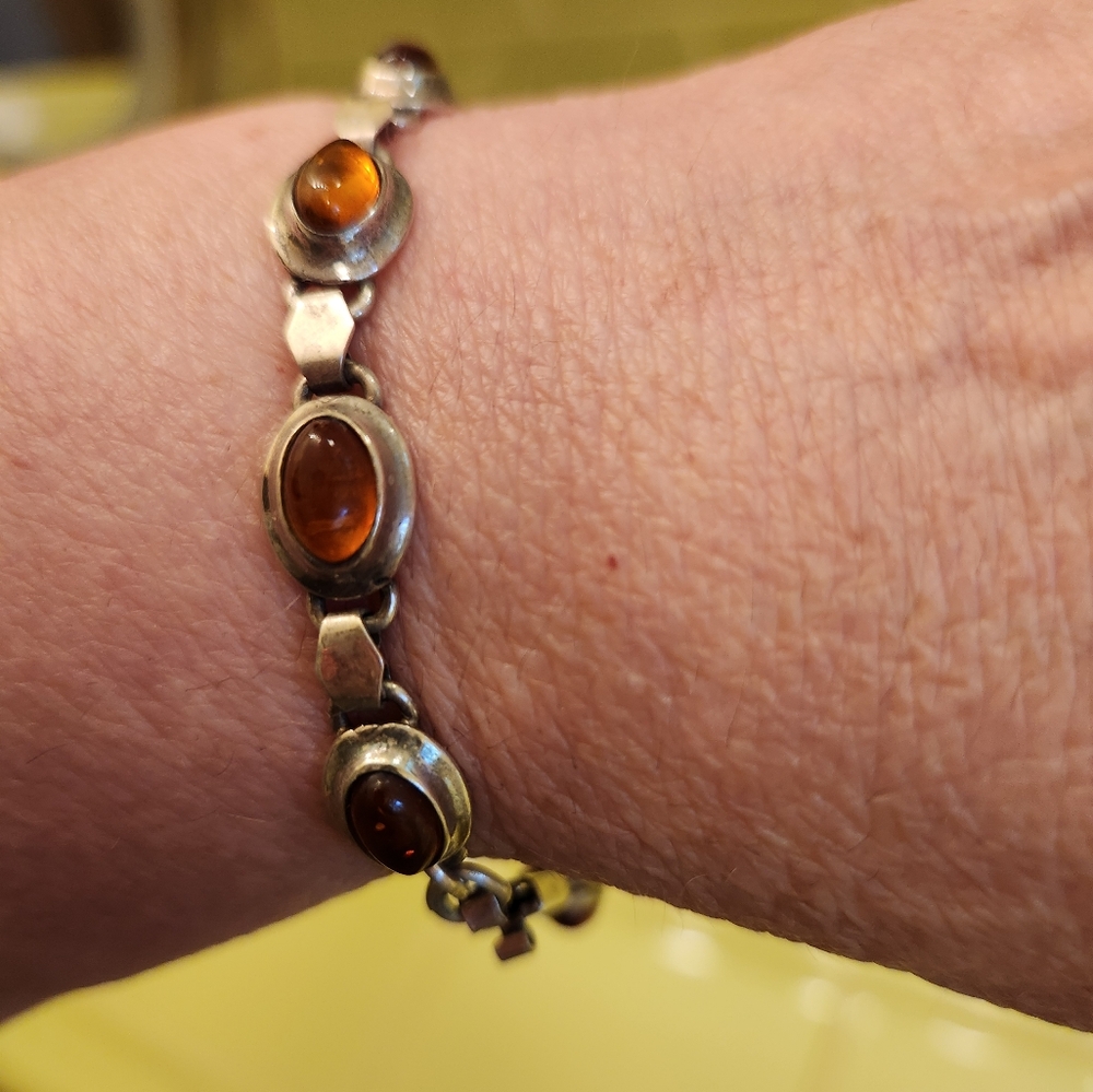 Vintage Mexican Amber 925 Sterling Silver Bracelet